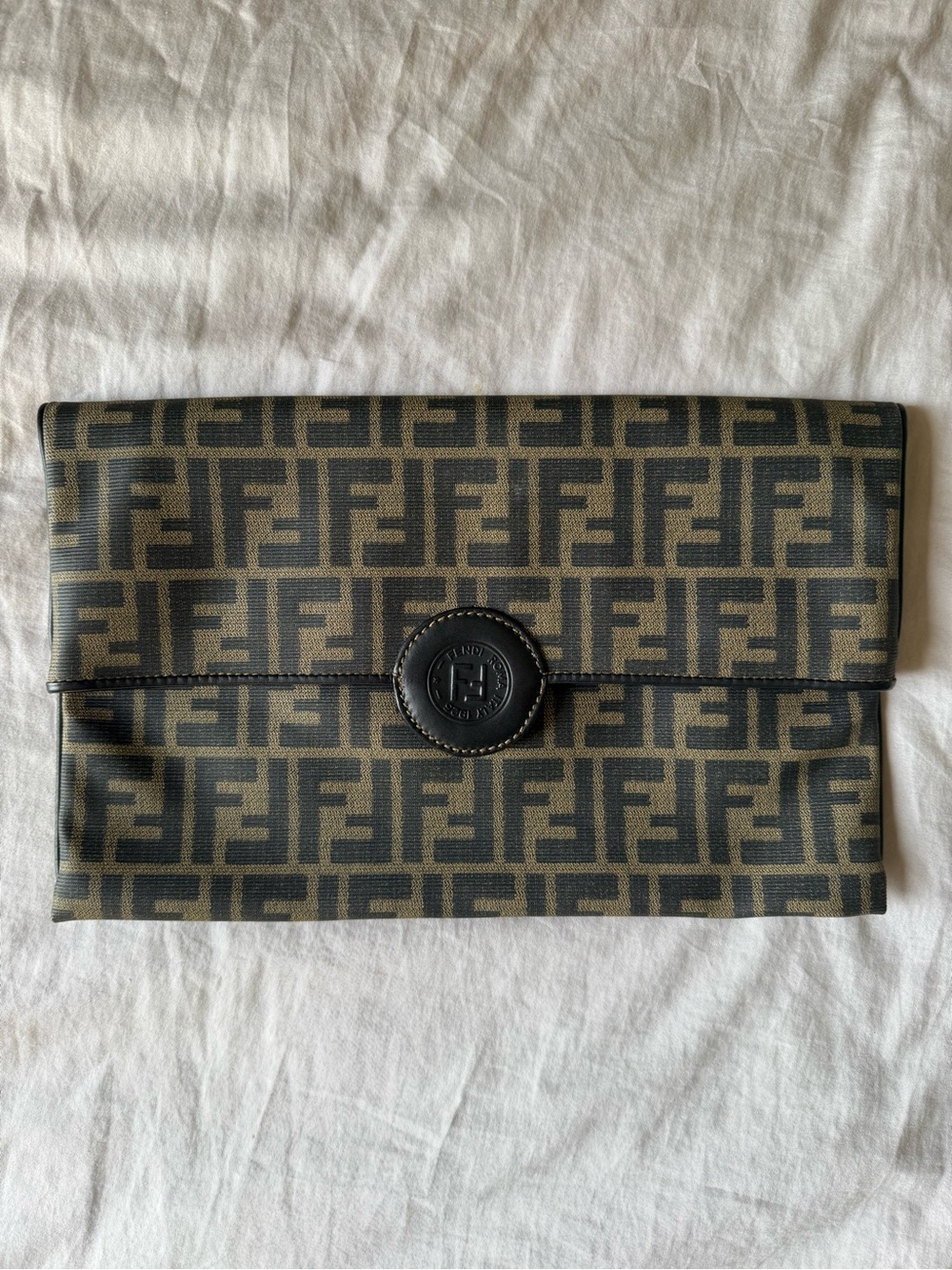 Vintage Fendi Brown Zucca FF Logo Monogram Patent Leather Clutch Bag Deadstock
